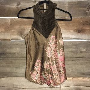 Sleeveless Silk Blouse with Sueded-Cotton Neckline